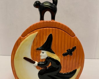 Vintage Cracker Fass Hexe Mond Schwarze Katze auf Deckel Halloween Orange Keksdose SELTEN