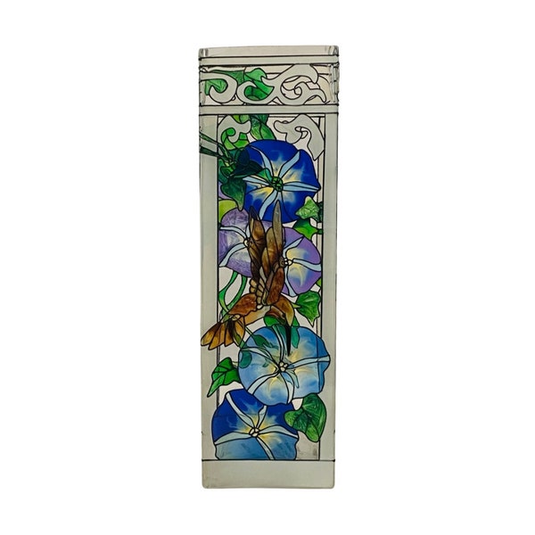 Vintage Joan Baker Designs 10” Stained Glass Hummingbird Vase.