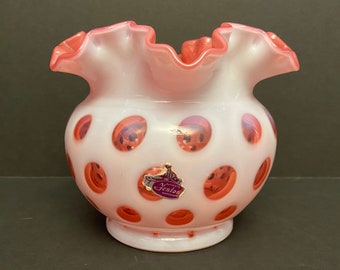 Vintage Fenton Cranberry 5” Fluted Edge Coin Dot Vase with Original Sticker.