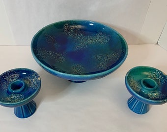 Vintage Royal Haeger Mid Century Etruscan Blue Glaze Art Deco Candle Sticks & Bowl