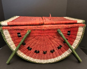 Vtg Watermelon Wicker Picnic Basket Bead Seeds Double Handles Hinged Lid LARGE