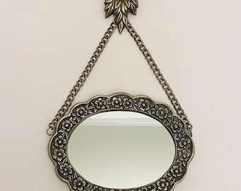 Vintage Handmade Turkish Silver Floral Mirror with Hanger.