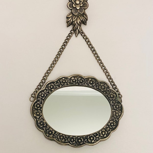 Vintage Handmade Turkish Silver Floral Mirror with Hanger.