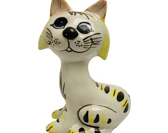 Vintage Art Pottery Whimsical 8.5” White Cat Bank with Yellow and Black Stripes.