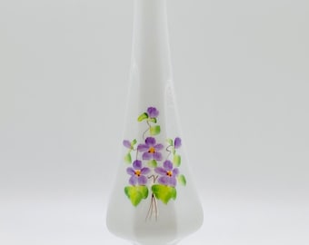 Vintage Fenton 7.5” Tall “Violets in the Snow” Milk Glass Vase Signed.