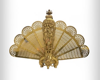 French Brass 42” Figural Pierced Folding Fan Fireplace Screen Circa 1820.