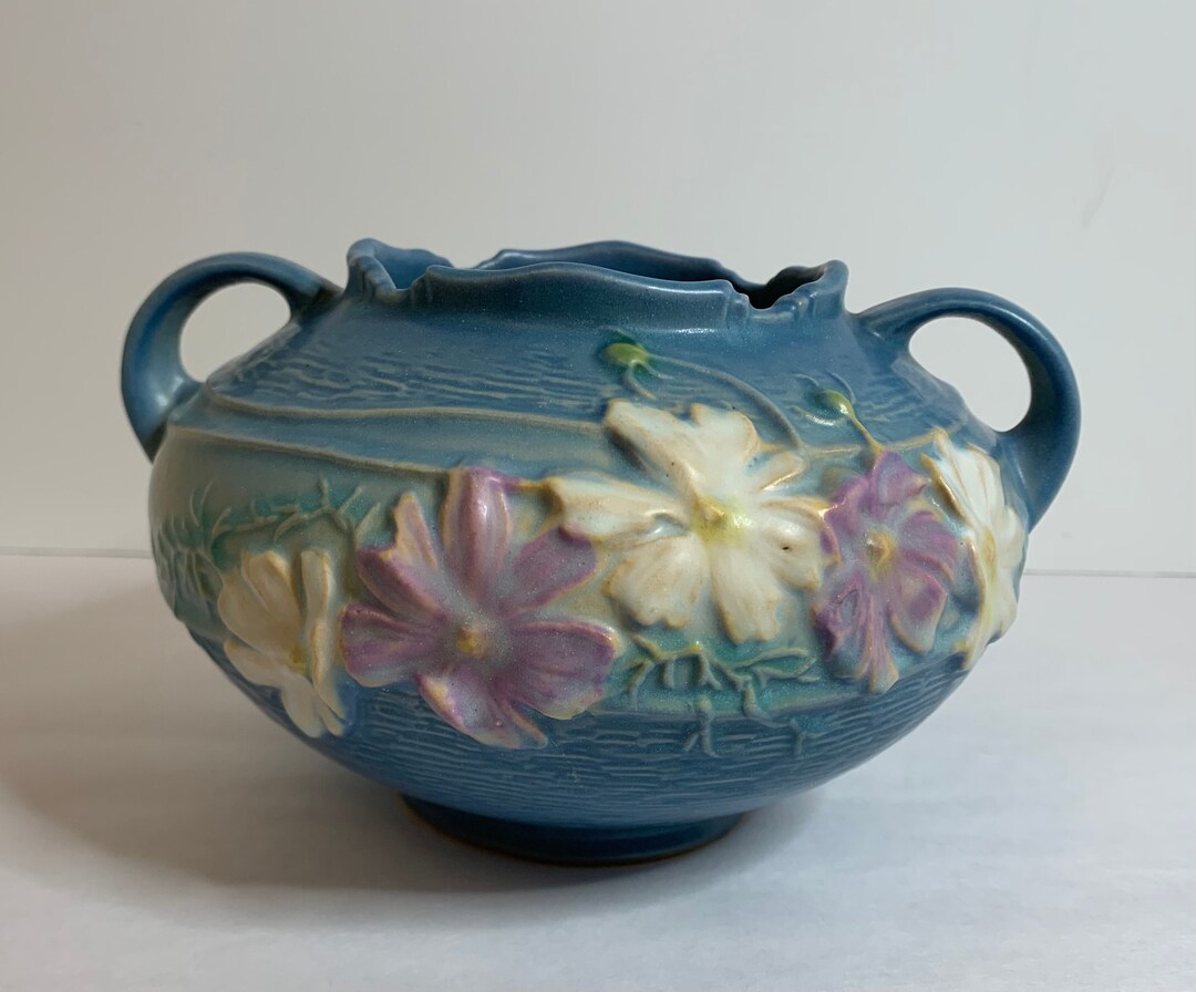 Roseville Pottery Blue Cosmos Handled Rose Bowl 3754 Vintage Ca1939 Etsy