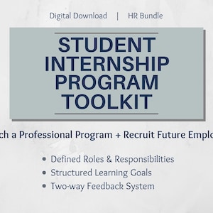 Op de afbeelding: Een digitale download met de titel "Student Internship Program Toolkit". De tekst is in donkerblauwe letters op een lichtgrijze achtergrond. De toolkit bevat gedefinieerde rollen, gestructureerde leerdoelen en een tweeweg feedbacksysteem.