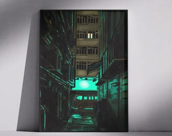 Cyberpunk Night Street Art Print | Sci-Fi Neon Noir Cityscape (A4 A3 Digital Download)