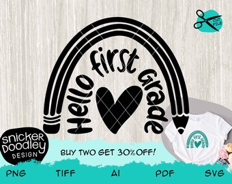 Hello First Grade SVG cut file for Cricut + Silhouette cutting machines • Back to school design for Tshirts, books, bags, sublimation, HTV