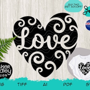 Arquivo de corte SVG de coração de amor com folhas de samambaia para máquinas de corte Cricut + Silhouette • SVG de Love New Zealand • PNG em formato de coração com cachos