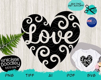 Love Heart with fern fronds SVG cut file for Cricut + Silhouette cutting machines • Love New Zealand SVG • Heart shaped PNG with curls