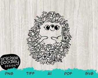 Cute Hedgehog, Roses, Pansies & Tulips, SVG cut file for Cricut or Silhouette cutting machines • Doodled floral clipart
