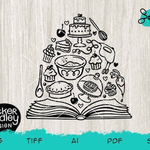 Książki i pieczenie Miłość SVG • Plik do cięcia książki z przepisami dla maszyn tnących Cricut + Silhouette • Babeczki, smakołyki, ciasta PNG • Plik z przepisami rodzinnymi