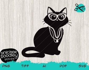 Fancy Cat SVG cut file for Cricut + Sihouette cutting machines • Black Cat with glasses and bling • Fab Feline Fun! Snobby Pussycat PNG