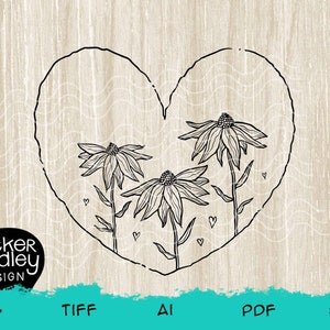 Diseño de camiseta Doodled Wildflower Love Heart • Archivo de corte SVG para máquinas de corte Cricut +Silhouette • Naturaleza floral