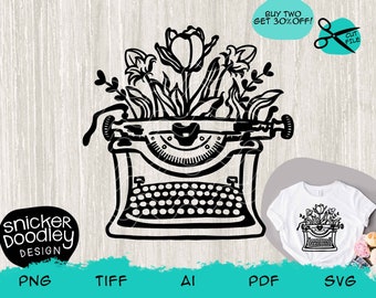 Blooming Typewriter SVG cut file for Cricut + Silhouette cutting machines • celebrate authors, writing, books + budding authors • 5 formats