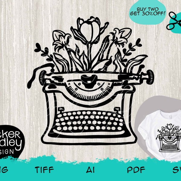 Blooming Typewriter SVG cut file for Cricut + Silhouette cutting machines • celebrate authors, writing, books + budding authors • 5 formats