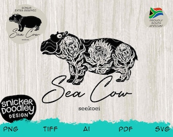 Proudly South African Afrikaans Seekoei Sea Cow Hippo with Proteas • SVG Cut file for Cricut + Silhouette cutting machines • Funny Clipart