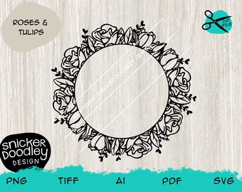 Beautiful Flower Circular Frame with Roses Tulips • SVG cut file • Cricut, Silhouette + Glowforge cutting machine • Sublimation HTV weeding