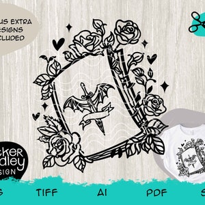 Puede incluir: Diseño digital en blanco y negro con una daga con alas dentro de un marco en forma de corazón con rosas y enredaderas.