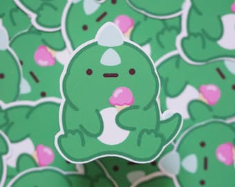 Domino w/ Ice Cream Soft Matte Vinyl Die-Cut Sticker | Cute Dinosaur | Laptop, Water Bottle, Notebook Sticker Gift | 1.45 in x 1.596 in