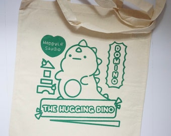 Domino - The Hugging Dino | Screen Printed Cotton Tote Bag, Aesthetic Tote Bag, Cotton Tote Bag, Lightweight Tote Bag, Tote Bag for Friends