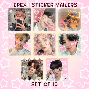May include: A set of 10 sticker mailers featuring images of young people with various filters and decorations. The stickers have a pink background with white stars and hearts. The text "EPEX | STICKER MAILERS" and "SET OF 10" are visible.