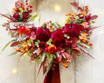 Beautiful Unique Autumn Wreath / Door Decoration / Autumn Pumpkins Decoration / Wooden Welcome Sign