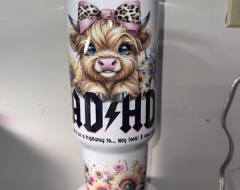 40oz tumbler.  Highlander cup, Highlander tumbler, cute cow tumbler, adhd cup, overstimulated club cup