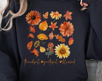 Fall Leaves Thanksgiving Sweatshirt: Grateful Blessed Women's Sweater