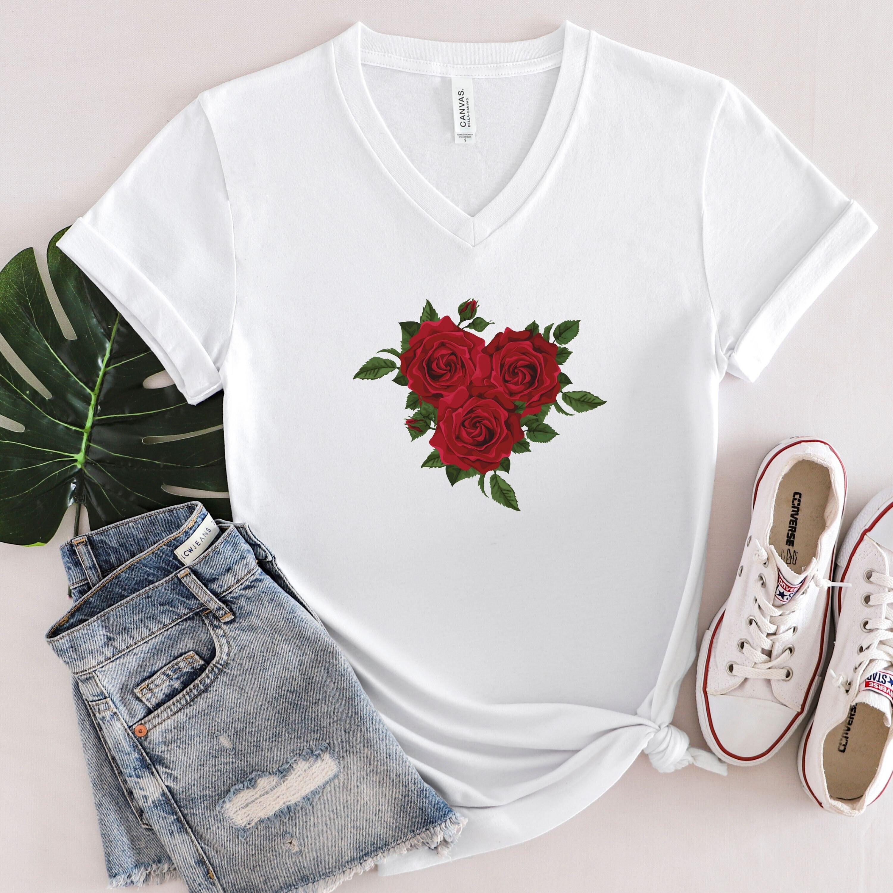 Red Rose V Neck Shirt, Floral Shirt, Flower Shirt, 3 Red Rose Shirt ...