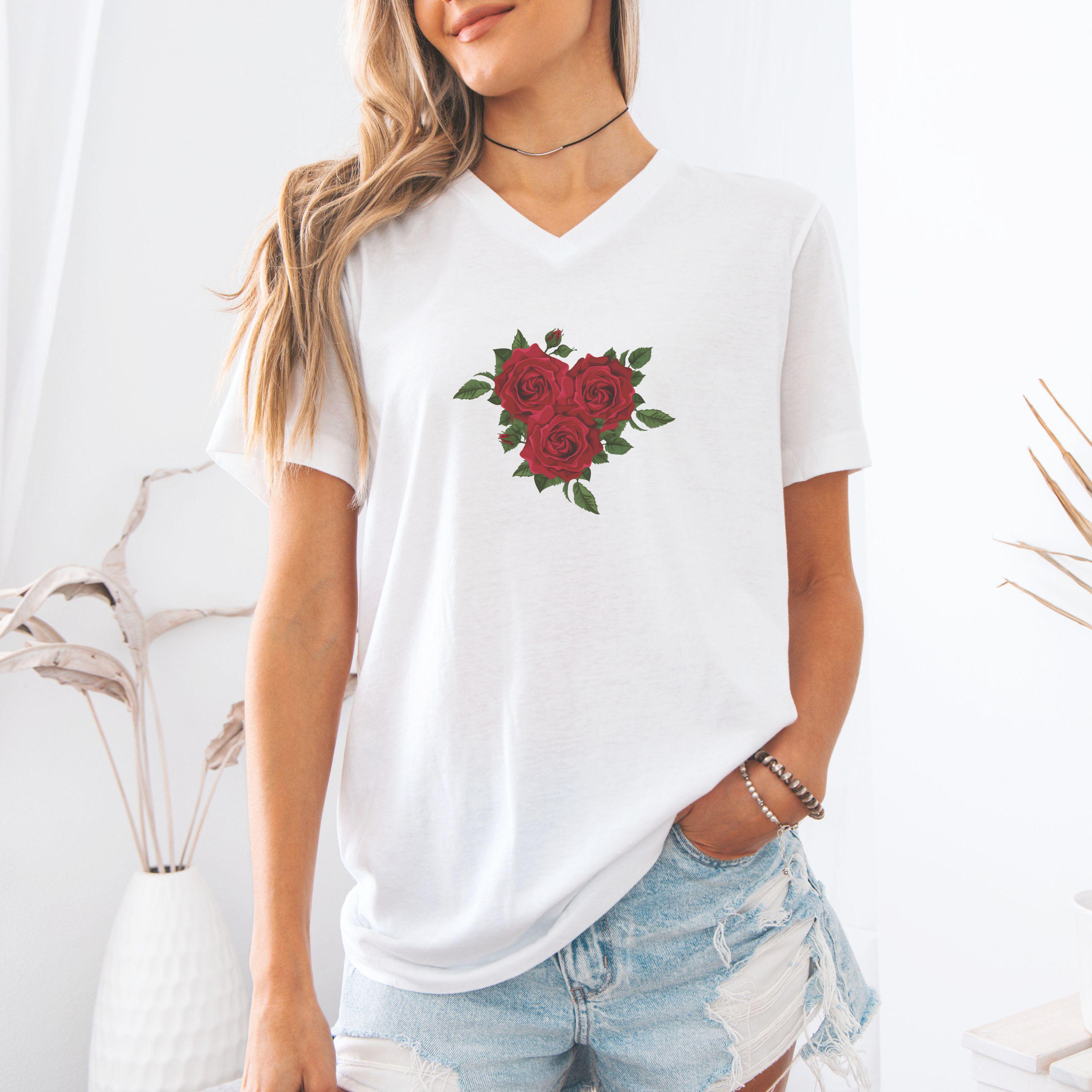 Red Rose V- Neck Shirt, Floral Shirt, Flower Shirt, 3 Red Rose Shirt ...