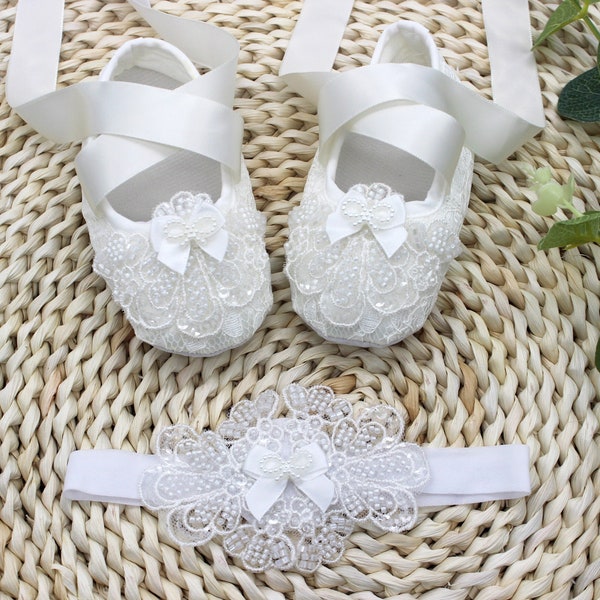 Customized Baby Lace Baptism Christening Shoes With Matching Lace Headband Baby Baptism Gift Baby Shower Gift Baby Girl Wedding Shoes