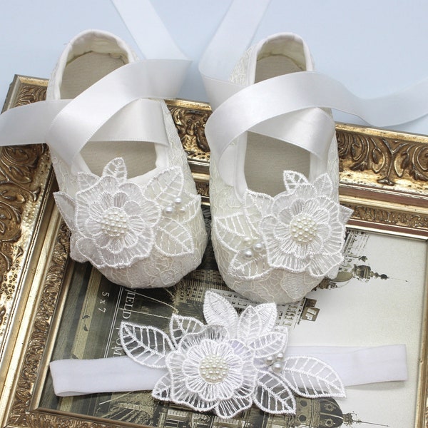 Customized Baby Lace Baptism Shoes Christening  With Matching Lace Flower Headband Baby Baptism Gift Girl Wedding Shoes Baby Shower Gift