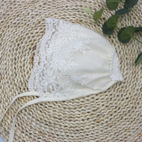 Off-White Lace Bonnet and White Cotton Bonnet Baby Girl Christening Baptism Hat Toddler Lace Cap Christening Bonnet Baby Shower Gift