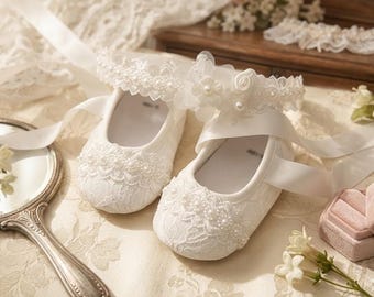 Handmade Lace Baby Shoes with Pearl Floral Headband: Christening Gift