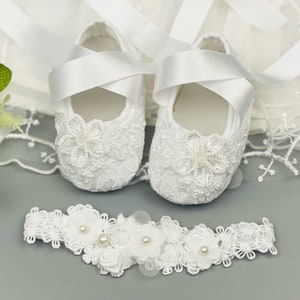 Customized Baby Lace  Baptism  Christening Shoes Baptism Gift Baby Shower Gift  Wedding Shoes With Matching Lace Flower Headband