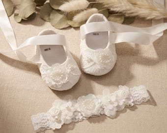 Lace Baptism Shoes with Flower Headband: Christening Gift Set