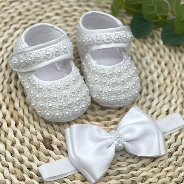 Customized Baby Girl Baptism Shoes Pearl Baby Girl Gift  Shower Gift Shoes Christening Shoes  With Matching Headband