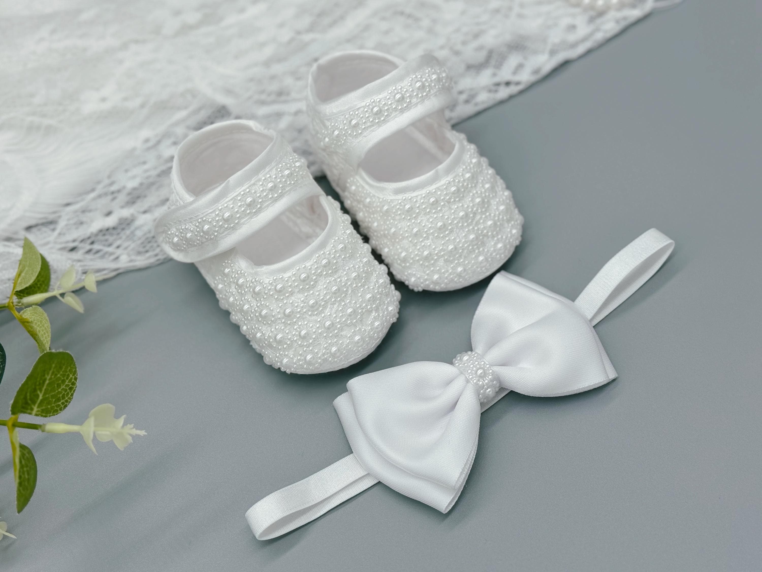 Handmade Pearl Baby Shoes with Satin Headband: Christening Gift