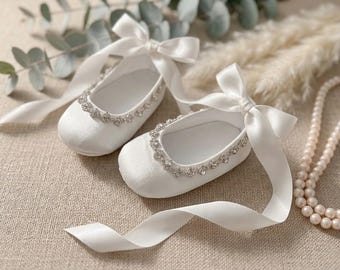 Satin Baby Ballet Slippers & Crystal Headband Set: Baptism Wedding Photography Gift