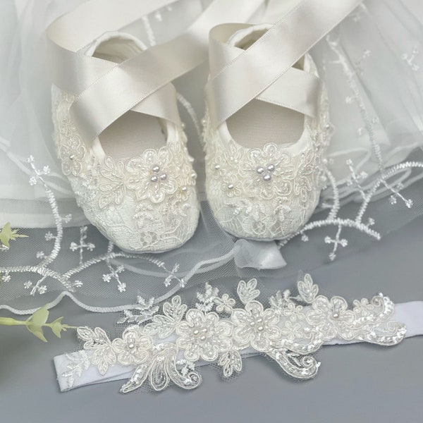 Customized Baby Girl Lace Baptism Shoes Girl Christening shoes Baby Baptism Gift With Matching Lace Flower Headband Baby Shower Gift