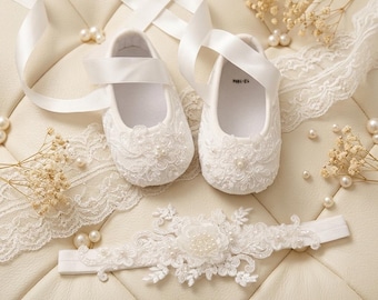 Handmade Lace Baby Shoes & Headband: Christening Baptism Gift