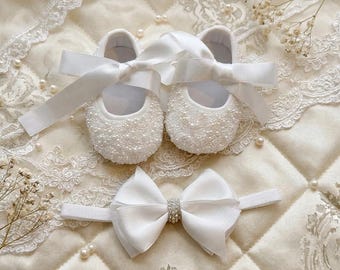 Pearl Baby Girl Shoes & Headband: Christening Gift Set