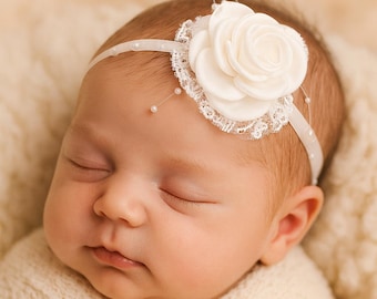 Delicate Baby Girl Satin Rose Lace Headband for Elegant Occasions - Baptism, Christening, Wedding