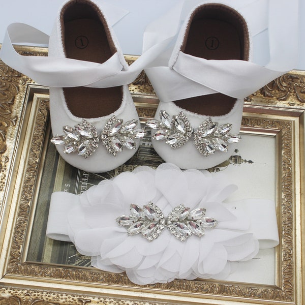 Chaussures de baptême bébé fille Chaussures de baptême pour filles avec bandeau assorti