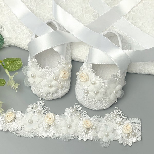 Customized Baby Girl Lace Christening Baptism  Shoes Baby Baptism Gift Wedding Shoes Baby Shower Gift With Matching Lace Flower Headband