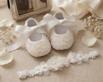 Pearl Embellished Baptism Shoes, Heirloom Keepsake Baby Girl Accessories, Photo Prop