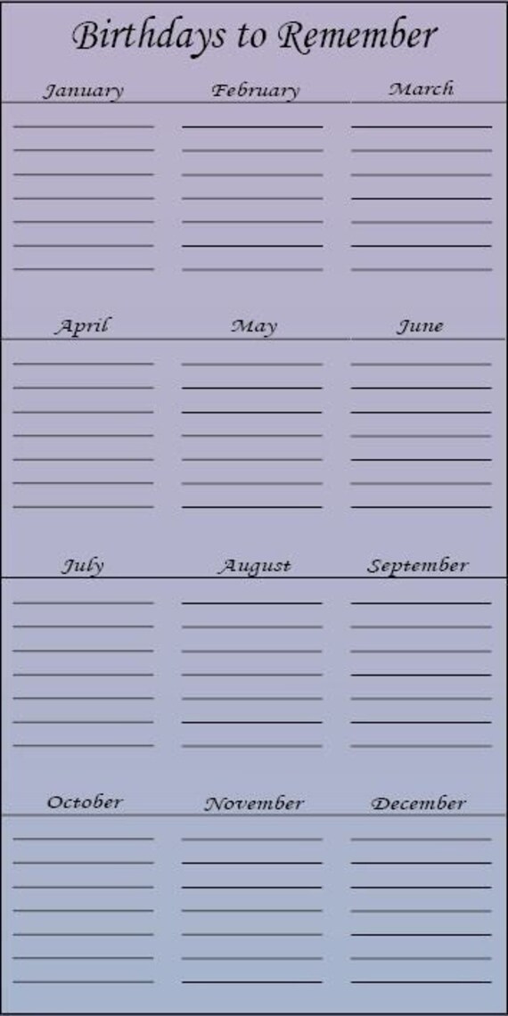 Birthdays to Remember Printable Birthday Calendar | Etsy